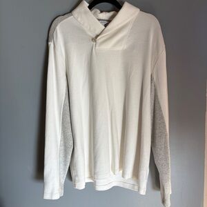 Calvin Klein Men Pullover Button Tap Collar Shirt White w Gray Trim Sz XL